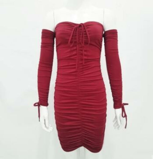 Bandage Dress Women Sexy Off Shoulder Long Sleeve Slim Elastic Bodycon