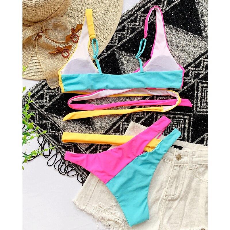 Patchwork Push Up Bandage Hollow Out Swimsuit