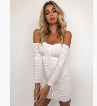 Bandage Dress Women Sexy Off Shoulder Long Sleeve Slim Elastic Bodycon